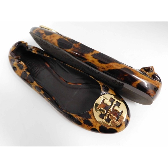 Tory Burch Reva Brown Animal Print‎ Patent Leather Medallion Ballet Flats 6.5 M - Picture 2 of 6